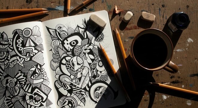 Creative Doodle Art Notebook With Coffee And Drawing Tools