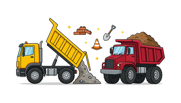  Heavy Construction Dump Truck Vector Set Featuring Yellow Tipper Unloading Gravel and Red Lorry Carrying Dirt with Shovel and Cone Icons