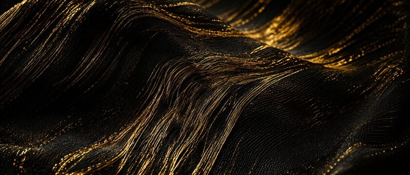 Abstract flowing golden threads on a dark textured background