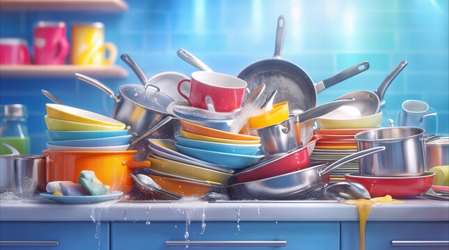 Dirty dishes piled high in kitchen sink. Messy stack of colorful plates, pots, and pans after large meal.