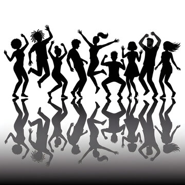 Silhouettes of happy people dancing together at celebration party