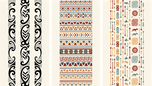 Set of ethnic tribal seamless borders with geometric patterns and traditional symbols isolated on white background