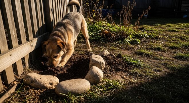 Curious Dog Digging Enthusiastically in Backyard Garden During Golden Hour