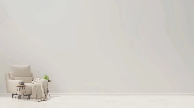Beige armchair, side table with coffee cup, blanket, small plant against a white wall