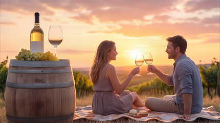 Fototapeta premium Couple toasting with white wine during romantic picnic in vineyard at sunset. Man and woman celebrating anniversary outdoors in rural landscape.