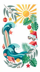 Naklejka premium A vibrant illustration of a tropical Christmas scene with palm trees and ocean waves Australian Christmas