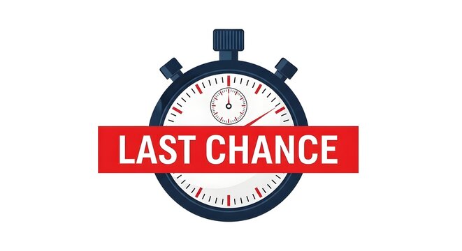 A graphic illustration of a stopwatch with a red banner displaying 'LAST CHANCE' text, symbolizing urgency and limited time for an offer or event.