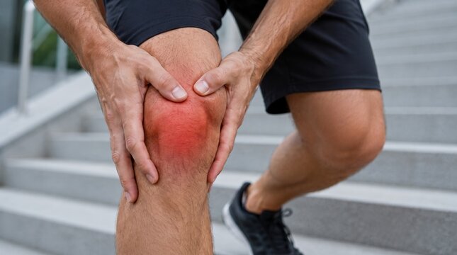 屋外の階段で膝に痛みを感じて手で押さえる男性。赤いグラフィックで関節痛や炎症を表現した医療・健康コンセプト