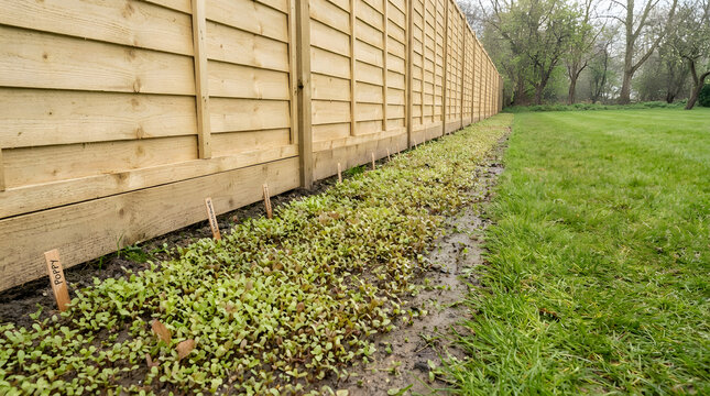 Wooden garden fence with flower bed | Young poppy seedlings growing in garden | Residential backyard landscaping with new fence | Green lawn and garden border layout