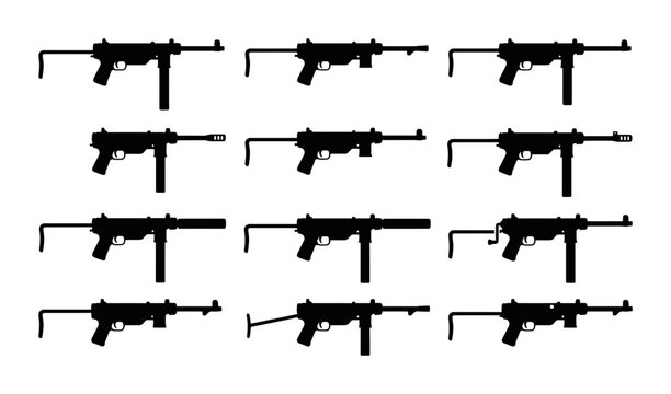 Military Machine Gun Silhouettes Set Featuring Various Historic Submachine Gun Weapon Designs Vector Graphic Collection of Retro Firearms