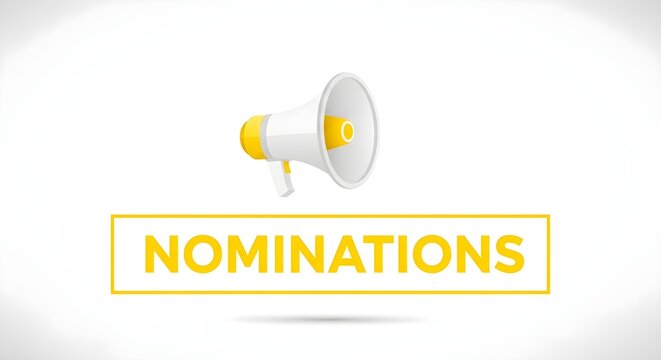 A white and yellow megaphone above a yellow box with the word NOMINATIONS, announcing an event.