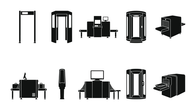 Airport Security Checkpoint Equipment Silhouette Set with Baggage Scanner and Metal Detector for Travel Safety Concepts