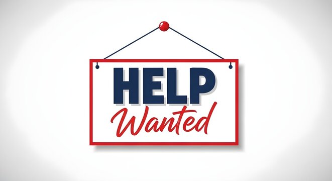 A graphic illustration of a white rectangular sign with a red border, displaying "HELP" in bold blue letters and "Wanted" in red script, hanging from a red pin.