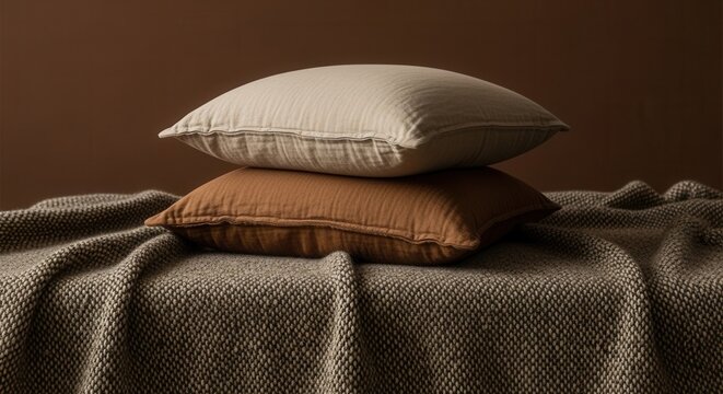 Cozy Stacked Cushions And Textured Blanket On Brown Background