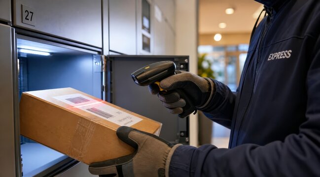 Courier scanning parcel into delivery locker