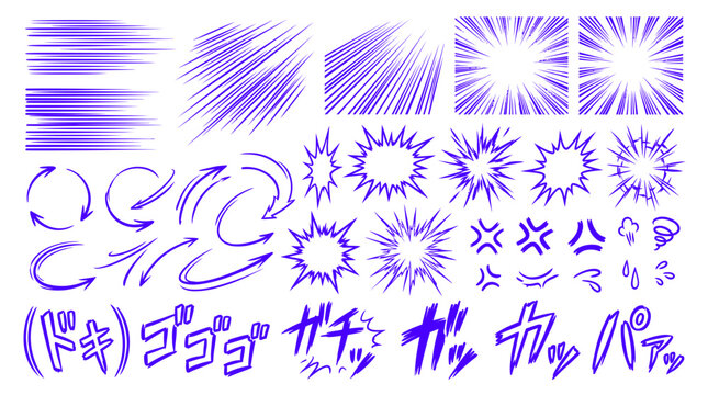 Hand drawn purple manga and anime comic speed lines and sound effects vector design elements.