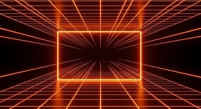 A futuristic abstract background with glowing orange neon lines forming a grid and a central rectangular portal in a dark digital space.