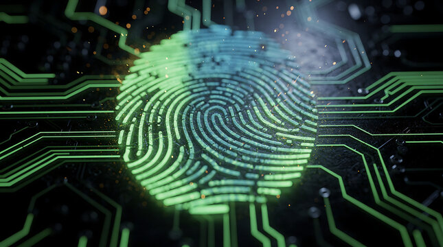 Abstract macro shot of a digital fingerprint scan merging with a circuit board pattern, green and blue neon glow, cybersecurity and identity verification concept, dark background, high contrast