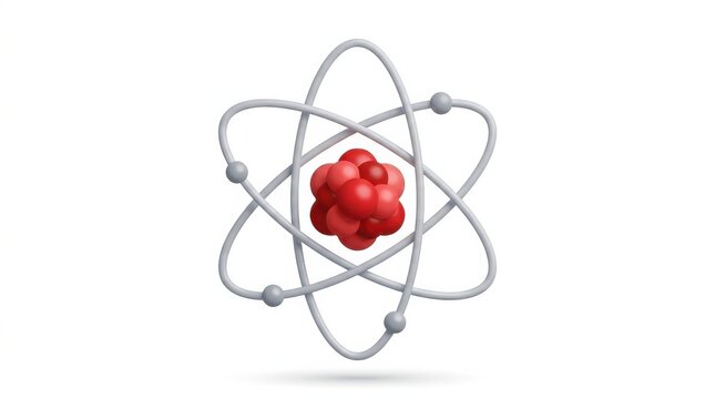 Abstract atomic model with red nucleus and orbiting electrons on white background