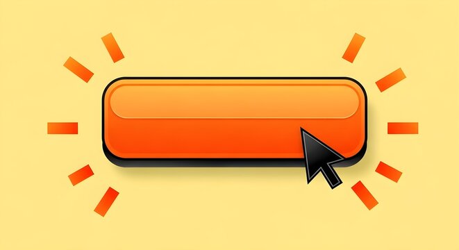 Glossy orange rectangular button with glowing rays and a black mouse cursor pointing at it on a light yellow background.