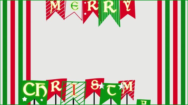 Festive Merry Christmas bunting garland frame with red and green candy cane stripes on light gray background