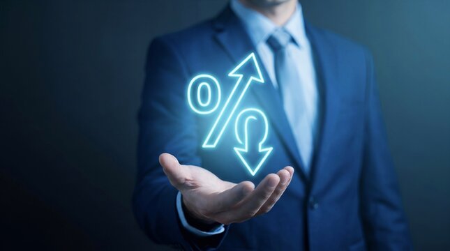 Businessman holding glowing percentage icon with up and down arrows representing interest rate fluctuation or financial growth.