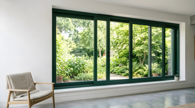 Modern sliding glass patio doors in dark green frame | Large floor to ceiling windows overlooking lush garden | Contemporary home interior with scenic view | Luxury sliding doors for home renovation