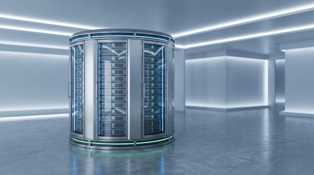 Cylindrical server rack with glowing blue lights in a minimalist data center