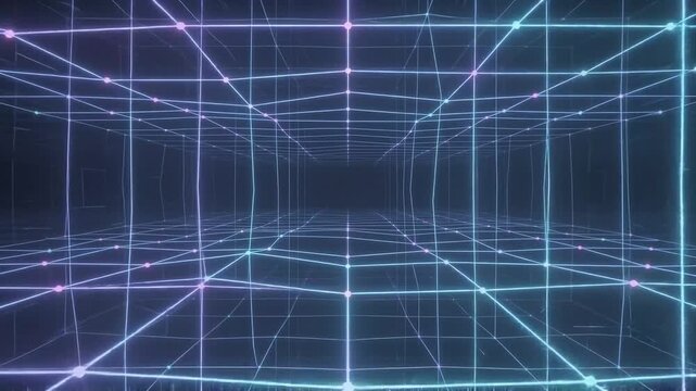 Glowing digital grid forming a three dimensional perspective tunnel with neon nodes floating in dark space for corporate use.