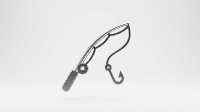 Minimalist fishing rod with hook icon on a clean white background