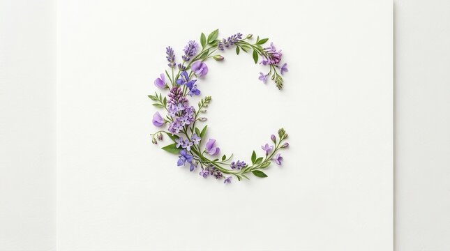 Elegant floral letter C monogram crafted from delicate purple blossoms and green leaves