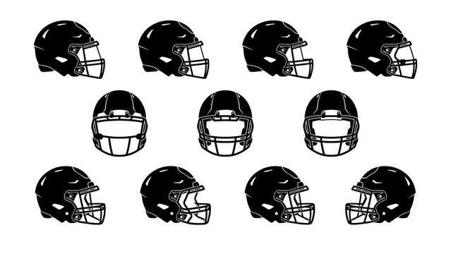Black football helmets set with different designs