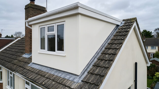 Modern dormer loft conversion with white render | Residential home attic extension with white uPVC window | New roof dormer extension on a semi-detached house | House renovation project increasing liv