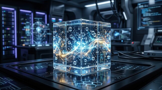 Futuristic glowing cube with energy waves and bubbles in a high-tech laboratory