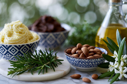 Amazing close-up or wide angle showing Sophisticated composition of shea butter, cocoa butter, almond oil and fresh herbs arranged on marble with ceramic accessories, soft daylight,, offering a unique