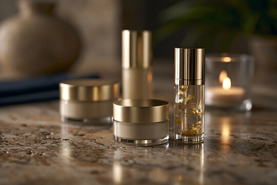 Sophisticated skincare display featuring blank cream jars and serum bottles on polished travertine, soft shadows, premium advertising style,, showcasing incredible natural beauty and rich details