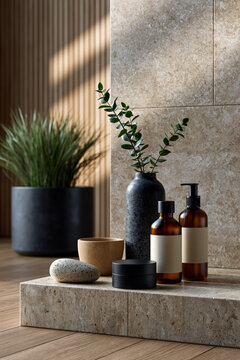 Gorgeous and professionally composed picture of sophisticated arrangement of blank skincare products on polished travertine with elegant soft shadows, luxury advertising aesthetic,