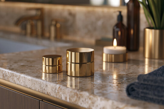 Sophisticated bathroom vanity featuring blank cosmetic jars on polished travertine, brushed brass accents, seamless ivory walls, diffused daylight,, offering a unique and highly detailed perspective