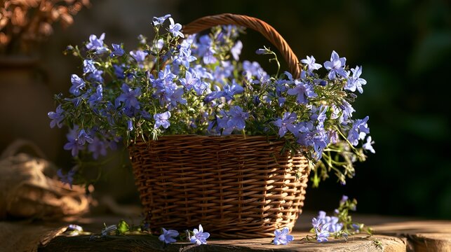 Basket of blue bell flowers sits in a still scene.