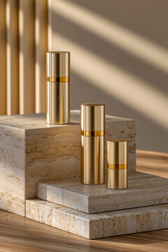 Beautiful and intricate composition showing sophisticated display of blank luxury skincare bottles arranged on layered travertine podiums, seamless ivory background, soft diffused studio lighting,