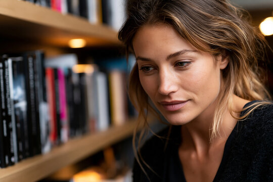 Beautiful and intricate composition showing Woman browsing a curated collection of books on floating wall shelves, luxury residential design, warm ambient lighting, advertising-ready composition,