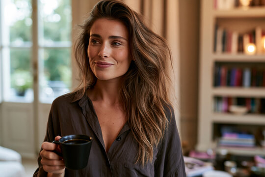 Woman enjoying coffee beside a wall-mounted bookshelf with contemporary design, elegant residential setting, soft natural light, luxury interior photography, offering a unique and highly detailed