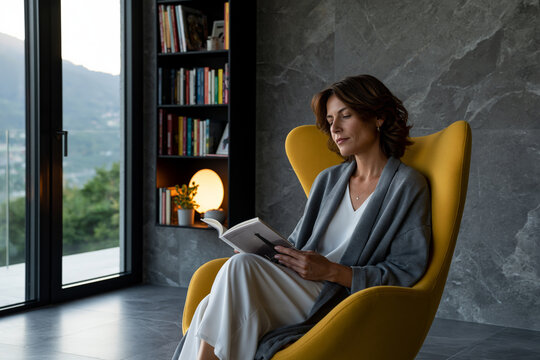 Beautiful and intricate composition showing woman reading beside a floating bookshelf mounted on a feature wall, modern interior design, premium materials, soft daylight, realistic lifestyle imagery