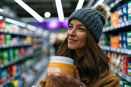 Woman selecting products during a seasonal shopping promotion, organized retail shelves, bright modern atmosphere, advertising-ready composition, perfect for modern design, travel, or lifestyle