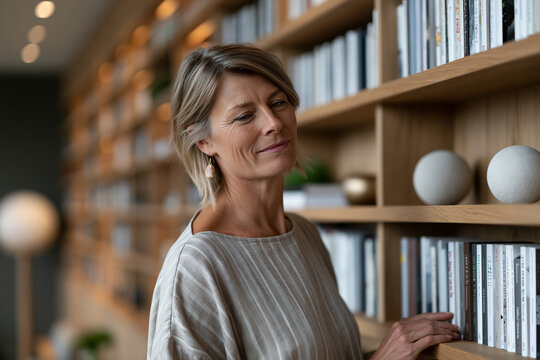 Woman selecting a book from a modern wall-mounted bookshelf in a contemporary living room, premium wood shelving, bright natural lighting,, showcasing incredible natural beauty and rich details