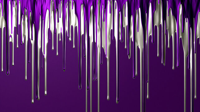 Background with abstract paint drips in purple and silver colors representing a luxurious metallic flow with copy space