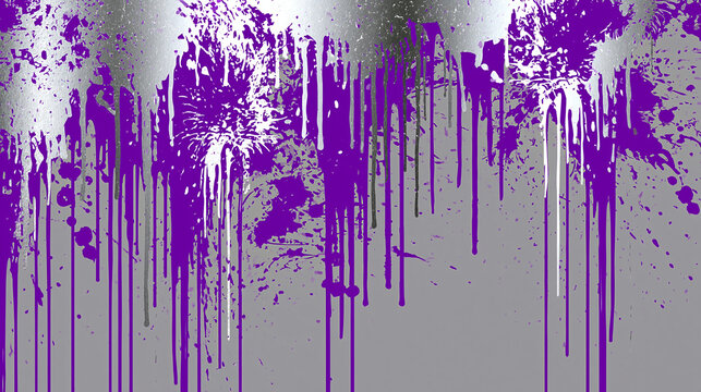 Vibrant purple splatter drips on bright metallic silver background