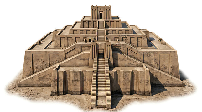 Ancient Mesopotamian Ziggurat Architecture Reconstruction Isolated on White