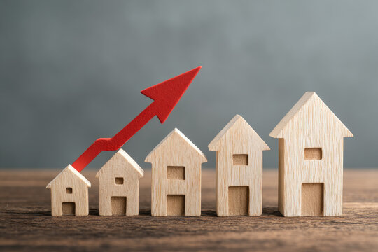 Wooden houses stand in a row from small to large with a red arrow up. concept of high demand for real estate. increase energy efficiency of housing. rise in house prices. property. population growth 