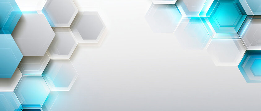 A white background with some hexagons in the style of rim light and layered images in light gray and teal colors representing tenwave and asymmetrical sleek shapes with copy space